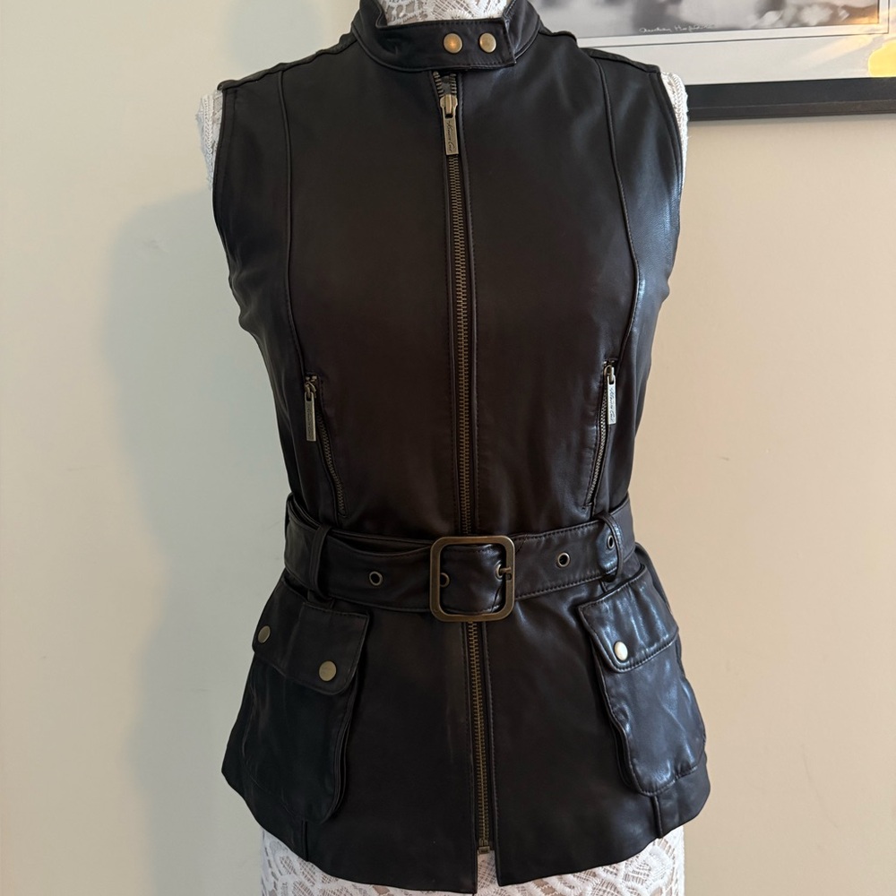 Kenneth Cole New York Brown Leather Belted Women's Jacket